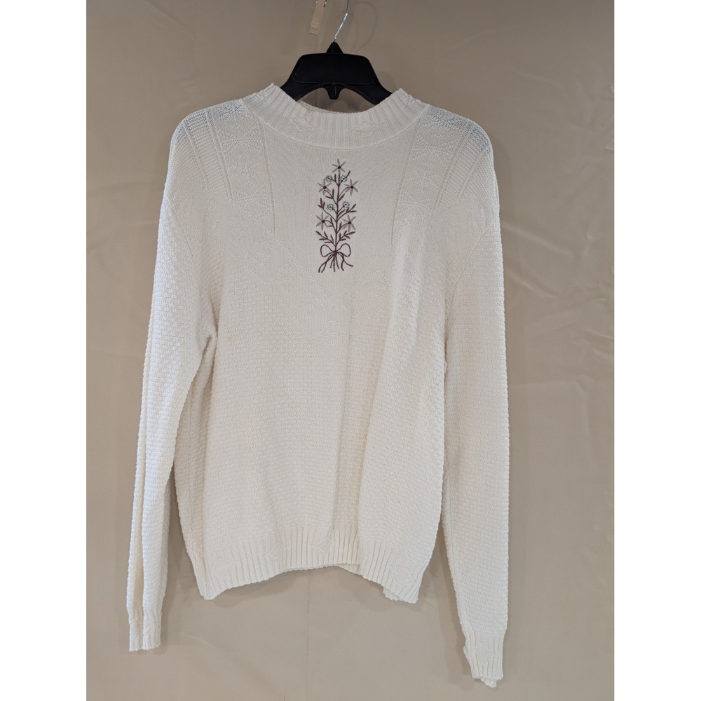 GRACE XL Cream Textured Knit Sweater Floral Embroidery Long Sleeve Pullover - Picture 1 of 4